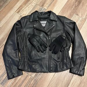 UNIK Black Leather Motorcycle Jacket Womens Removable Quilt Liner Rope Trim XL